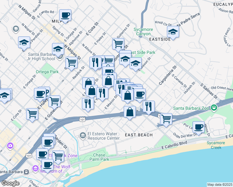 map of restaurants, bars, coffee shops, grocery stores, and more near 101 North Milpas Street in Santa Barbara