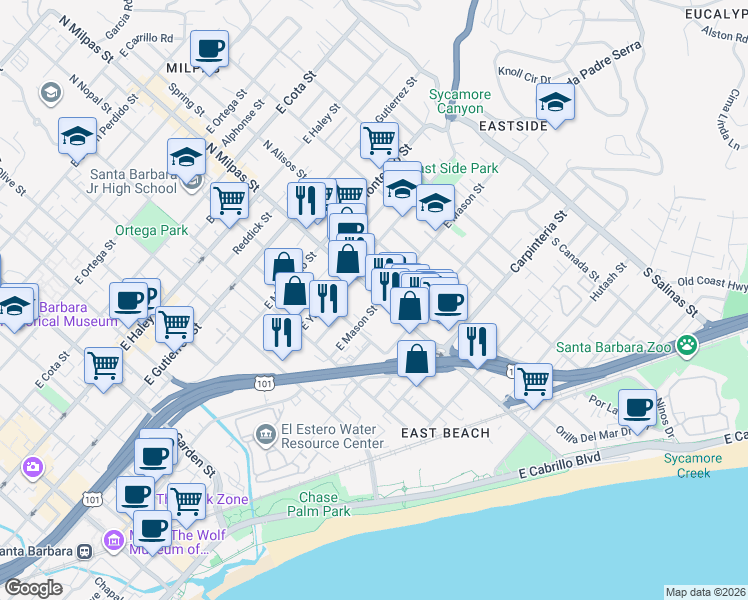 map of restaurants, bars, coffee shops, grocery stores, and more near 101 North Milpas Street in Santa Barbara