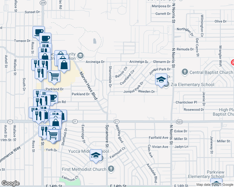 map of restaurants, bars, coffee shops, grocery stores, and more near 1517 Jonquil Park Drive in Clovis