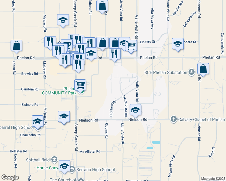 map of restaurants, bars, coffee shops, grocery stores, and more near 9527 Riggins Road in Phelan