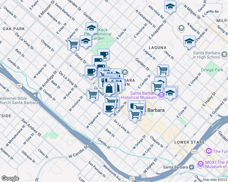 map of restaurants, bars, coffee shops, grocery stores, and more near 26 West Figueroa Street in Santa Barbara