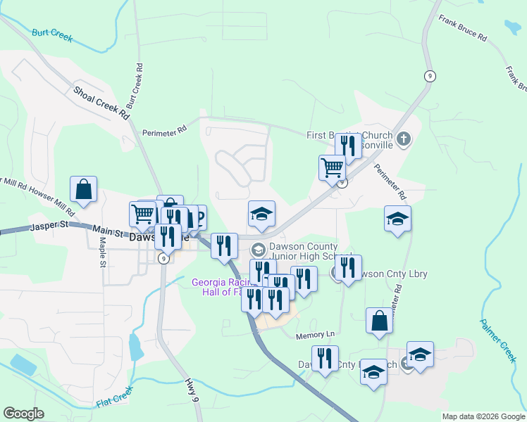 map of restaurants, bars, coffee shops, grocery stores, and more near 315 Georgia 9 in Dawsonville
