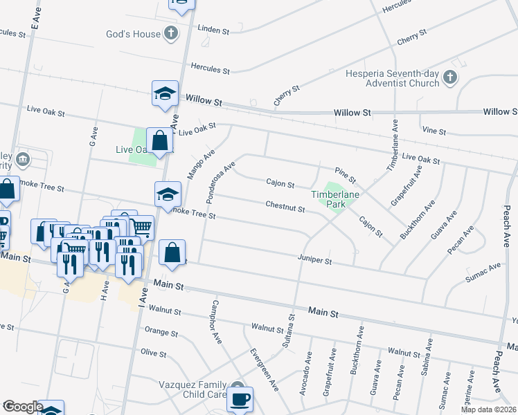 map of restaurants, bars, coffee shops, grocery stores, and more near 17745 Chestnut Street in Hesperia