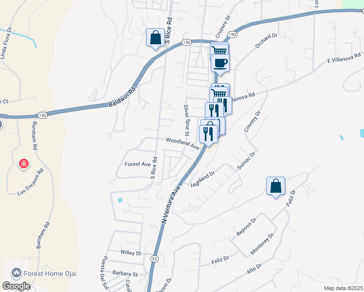 map of restaurants, bars, coffee shops, grocery stores, and more near 952 Woodland Avenue in Ojai