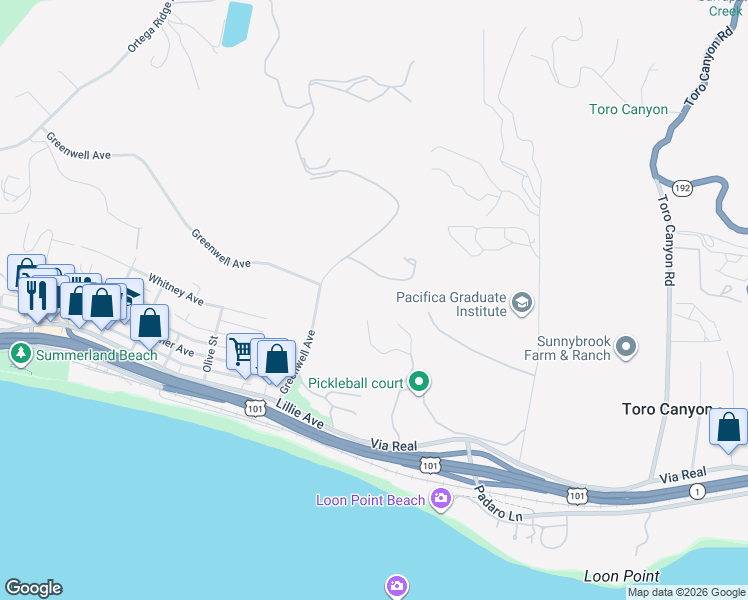 map of restaurants, bars, coffee shops, grocery stores, and more near 2720 Montecito Ranch Place in Summerland