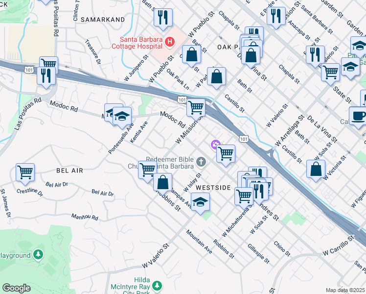 map of restaurants, bars, coffee shops, grocery stores, and more near 707 West Mission Street in Santa Barbara