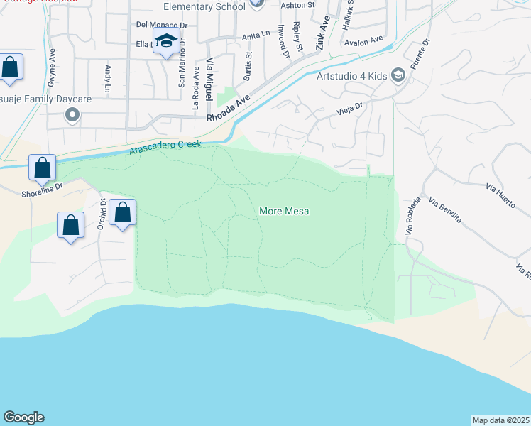map of restaurants, bars, coffee shops, grocery stores, and more near More Mesa Drive in Santa Barbara
