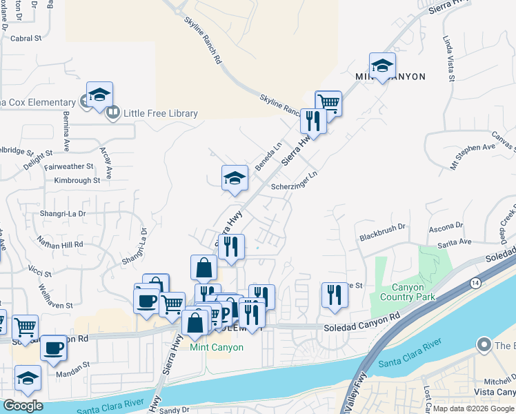 map of restaurants, bars, coffee shops, grocery stores, and more near 28031 Sarabande Lane in Santa Clarita