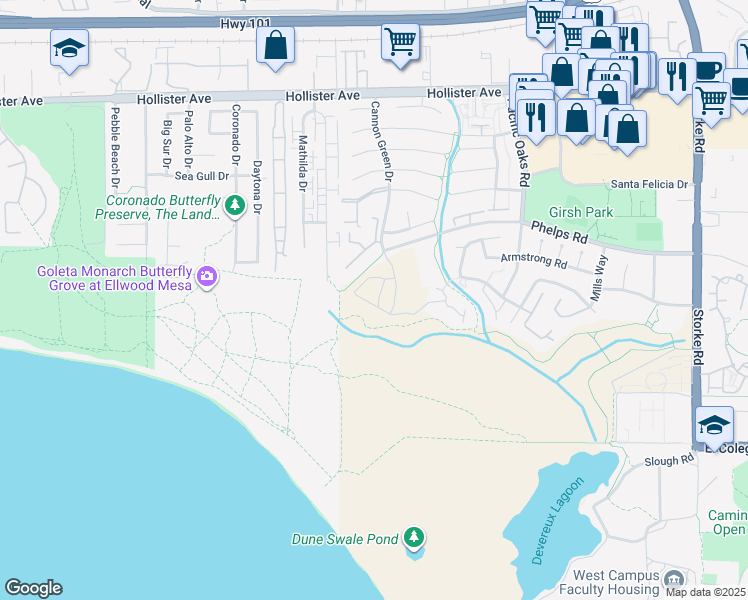 map of restaurants, bars, coffee shops, grocery stores, and more near 2502 Pacific Coast Drive in Goleta
