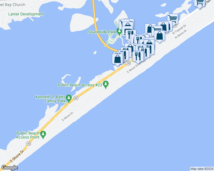 map of restaurants, bars, coffee shops, grocery stores, and more near 511 South Shore Drive in Holly Ridge