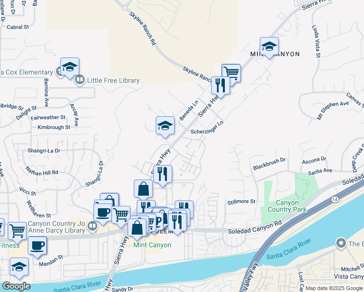 map of restaurants, bars, coffee shops, grocery stores, and more near 18129 American Beauty Drive in Santa Clarita