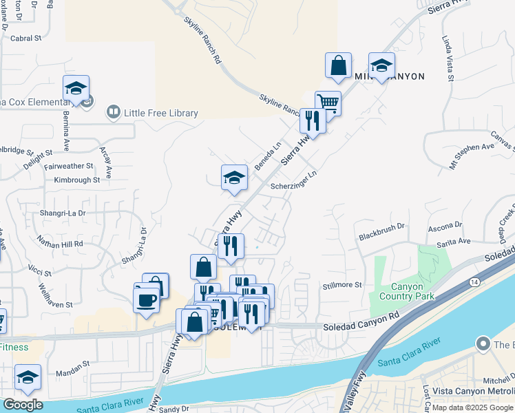 map of restaurants, bars, coffee shops, grocery stores, and more near 28031 Sarabande Lane in Santa Clarita