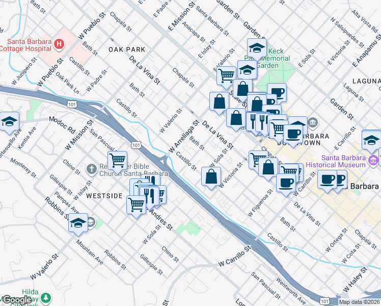 map of restaurants, bars, coffee shops, grocery stores, and more near 327 West Micheltorena Street in Santa Barbara