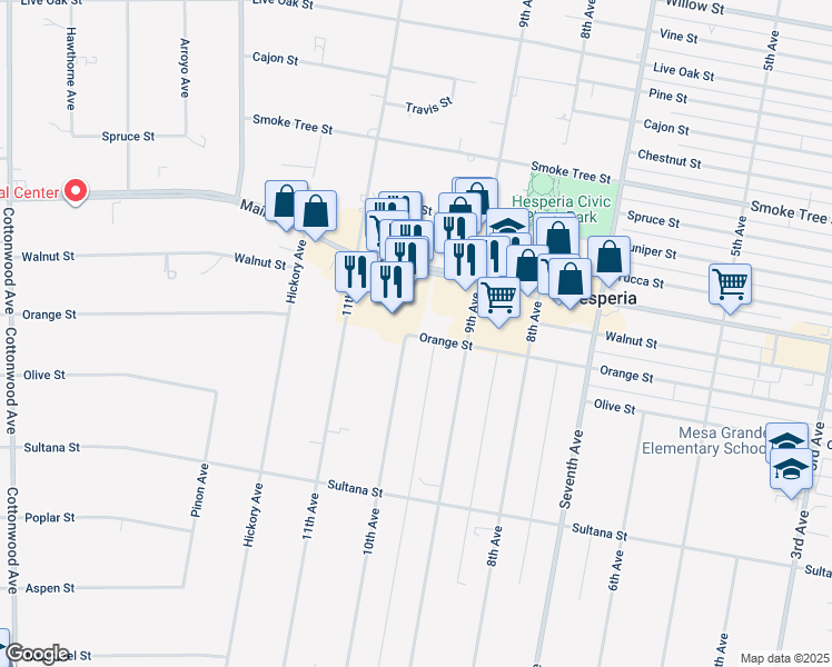 map of restaurants, bars, coffee shops, grocery stores, and more near Orange Street in Hesperia