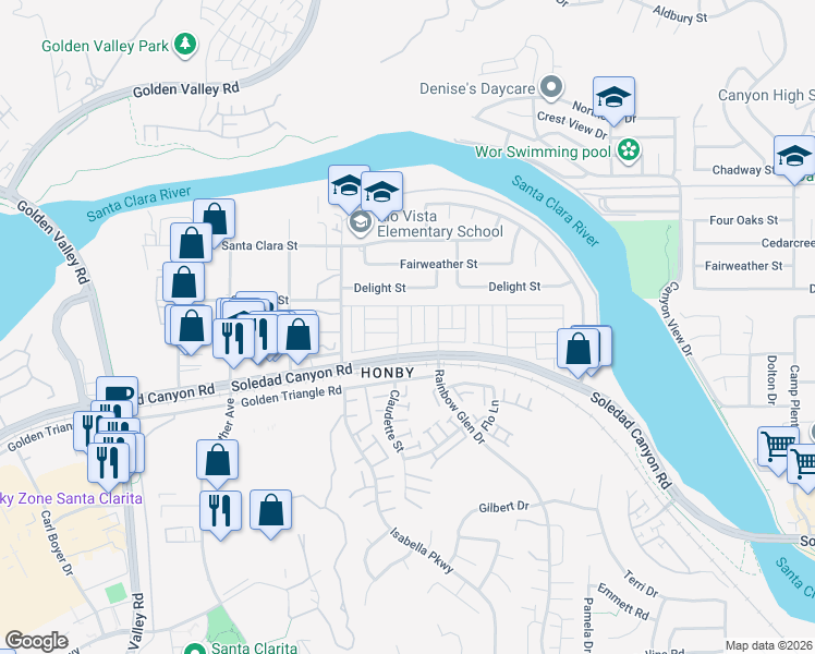 map of restaurants, bars, coffee shops, grocery stores, and more near in Santa Clarita