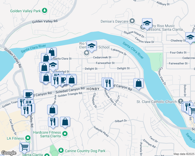 map of restaurants, bars, coffee shops, grocery stores, and more near 20401 Soledad Canyon Road in Santa Clarita