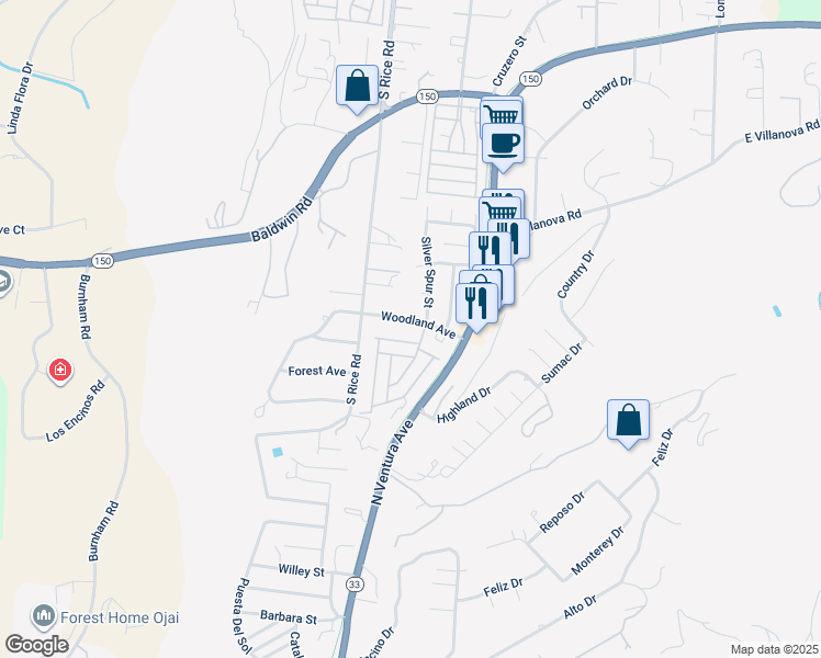 map of restaurants, bars, coffee shops, grocery stores, and more near 950 Woodland Avenue in Ojai