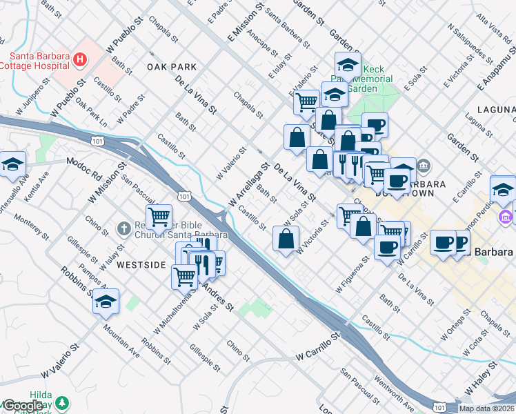 map of restaurants, bars, coffee shops, grocery stores, and more near 327 West Micheltorena Street in Santa Barbara
