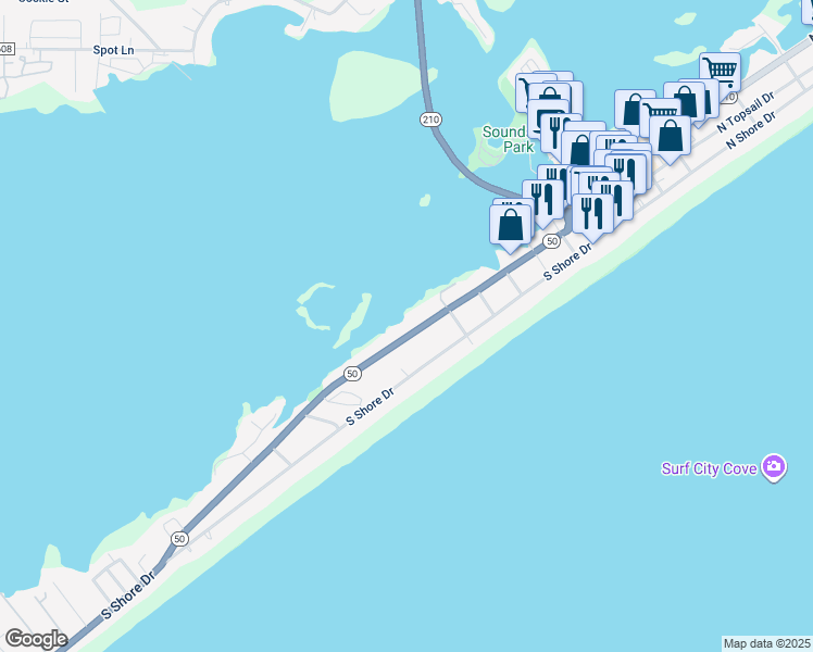 map of restaurants, bars, coffee shops, grocery stores, and more near 708 South Topsail Drive in Surf City