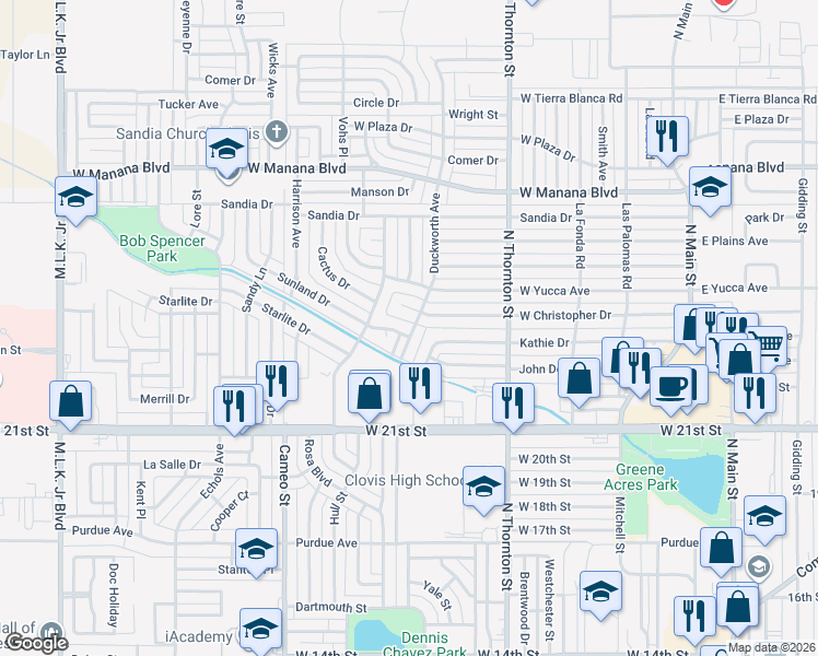 map of restaurants, bars, coffee shops, grocery stores, and more near 2205 Duckworth Ave in Clovis