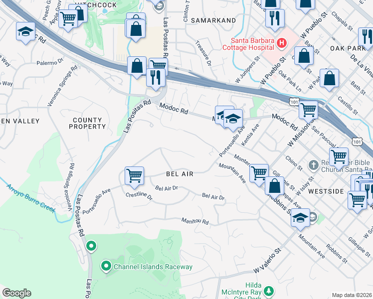 map of restaurants, bars, coffee shops, grocery stores, and more near 1111 Crestline Drive in Santa Barbara