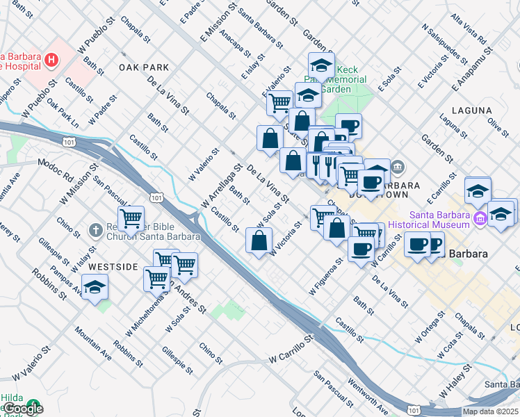 map of restaurants, bars, coffee shops, grocery stores, and more near 1335 Bath Street in Santa Barbara