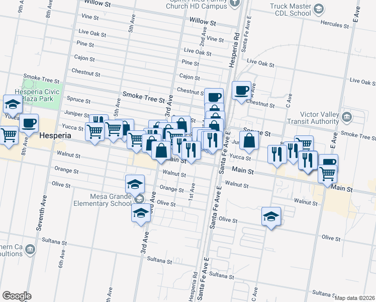 map of restaurants, bars, coffee shops, grocery stores, and more near 16437 Yucca Street in Hesperia