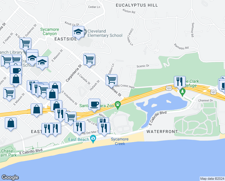 map of restaurants, bars, coffee shops, grocery stores, and more near 414 South Salinas Street in Santa Barbara