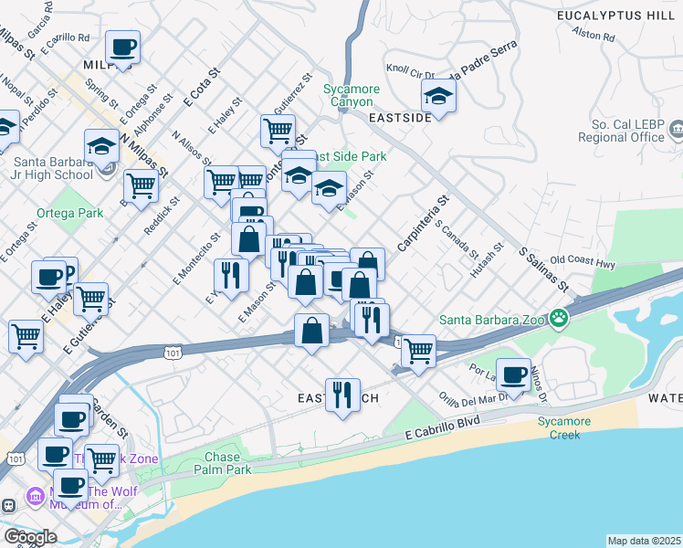 map of restaurants, bars, coffee shops, grocery stores, and more near 5 South Alisos Street in Santa Barbara
