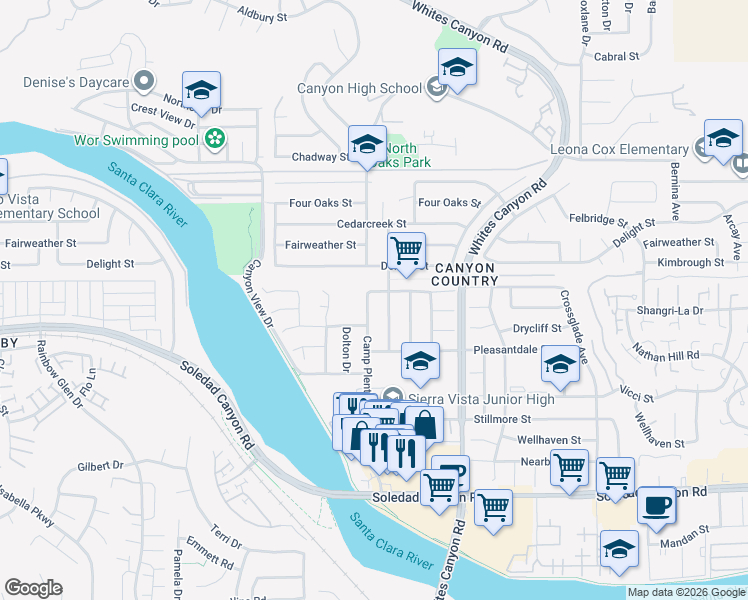 map of restaurants, bars, coffee shops, grocery stores, and more near 27524 Camp Plenty Road in Santa Clarita