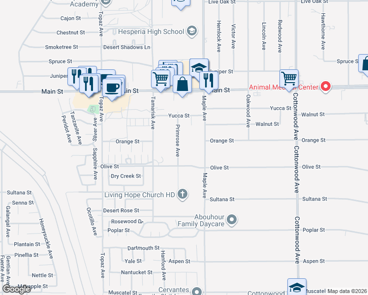 map of restaurants, bars, coffee shops, grocery stores, and more near 9473 Primrose Avenue in Hesperia