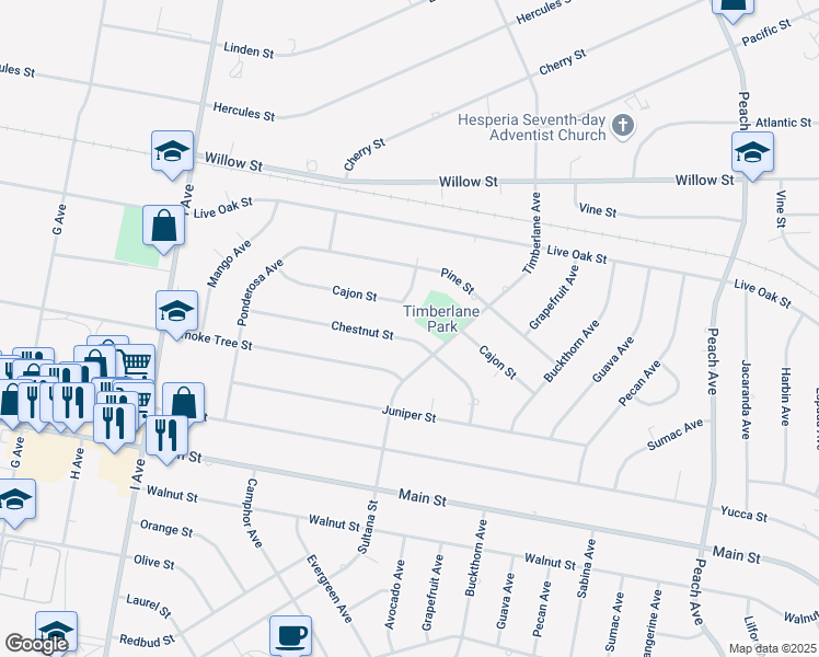 map of restaurants, bars, coffee shops, grocery stores, and more near 17879 Chestnut Street in Hesperia