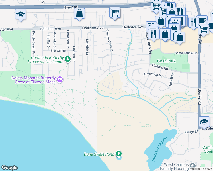map of restaurants, bars, coffee shops, grocery stores, and more near 2504 Pacific Coast Drive in Goleta