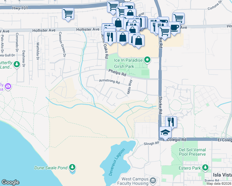 map of restaurants, bars, coffee shops, grocery stores, and more near 543 Mills Way in Goleta