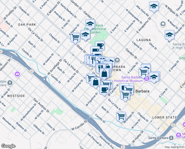 map of restaurants, bars, coffee shops, grocery stores, and more near 1221 Chapala Street in Santa Barbara