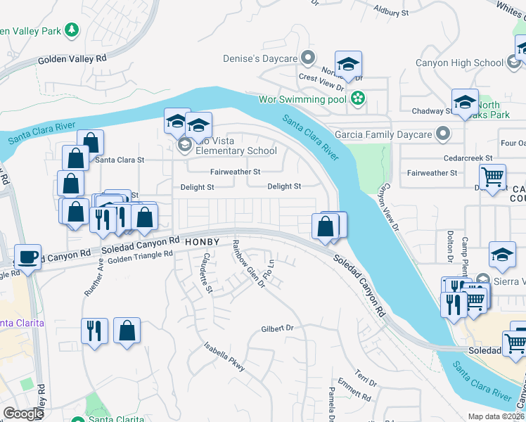 map of restaurants, bars, coffee shops, grocery stores, and more near 20401 Soledad Canyon Road in Santa Clarita