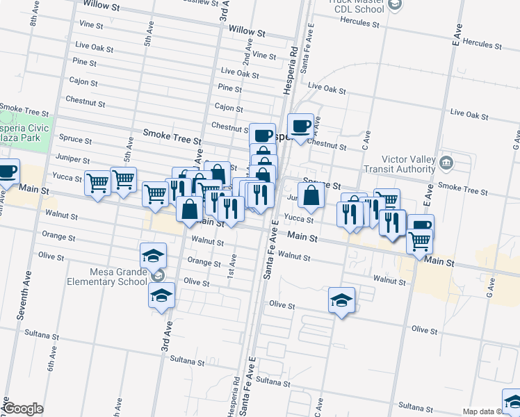 map of restaurants, bars, coffee shops, grocery stores, and more near 9464 Hesperia Road in Hesperia