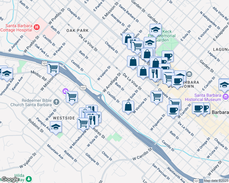 map of restaurants, bars, coffee shops, grocery stores, and more near in Santa Barbara