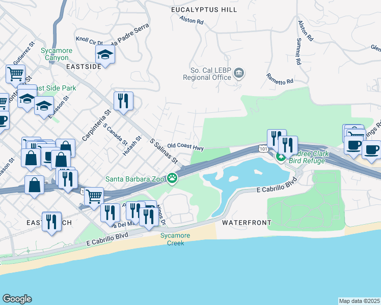 map of restaurants, bars, coffee shops, grocery stores, and more near 1412 Park Place in Santa Barbara