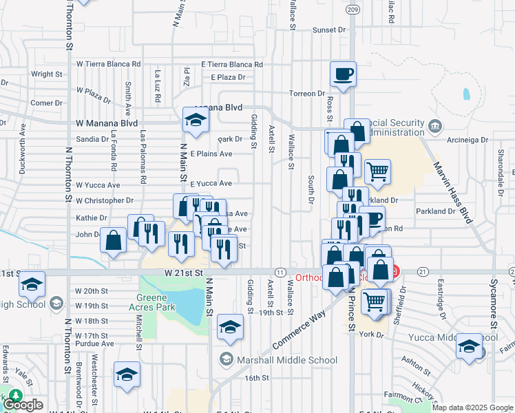 map of restaurants, bars, coffee shops, grocery stores, and more near 2411 Gidding Street in Clovis