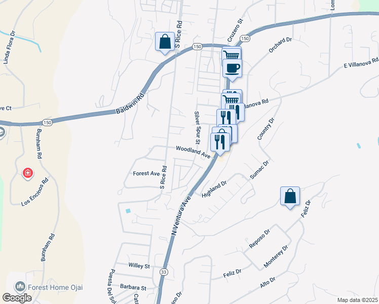 map of restaurants, bars, coffee shops, grocery stores, and more near 950 Woodland Avenue in Ojai