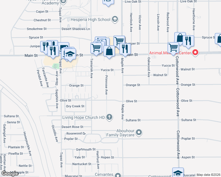 map of restaurants, bars, coffee shops, grocery stores, and more near 9473 Primrose Avenue in Hesperia