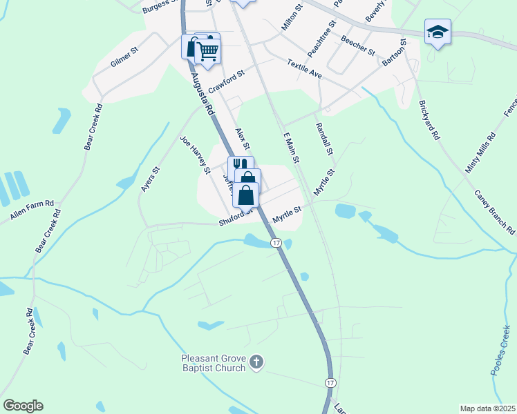 map of restaurants, bars, coffee shops, grocery stores, and more near 12395 Augusta Road in Lavonia