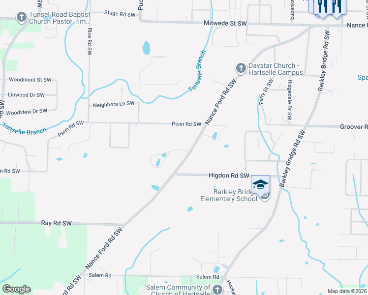 map of restaurants, bars, coffee shops, grocery stores, and more near 1153 Nance Ford Road Southwest in Hartselle