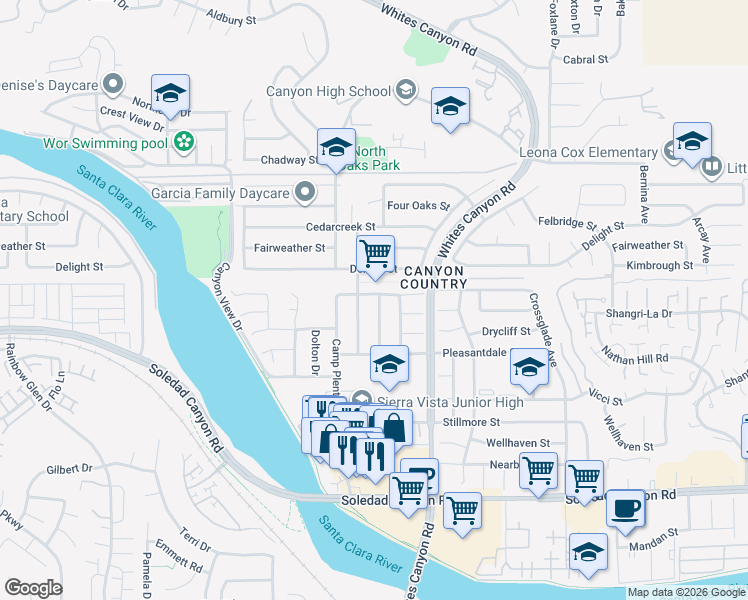map of restaurants, bars, coffee shops, grocery stores, and more near 27569 Eveningshade Avenue in Santa Clarita