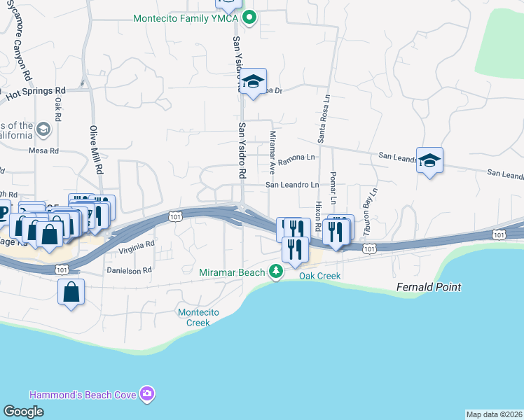 map of restaurants, bars, coffee shops, grocery stores, and more near 109 Miramar Ave in Santa Barbara
