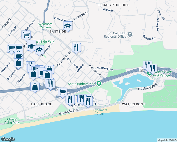 map of restaurants, bars, coffee shops, grocery stores, and more near 1317 Punta Gorda Street in Santa Barbara