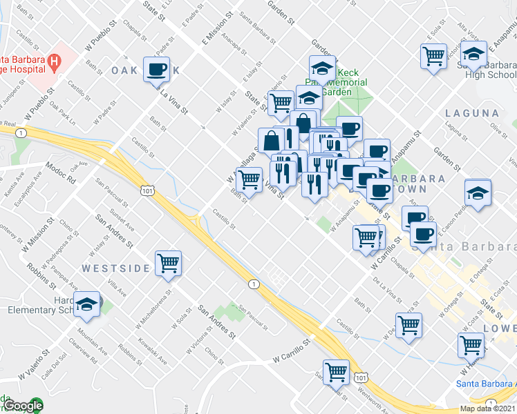 map of restaurants, bars, coffee shops, grocery stores, and more near 1426 Bath Street in Santa Barbara