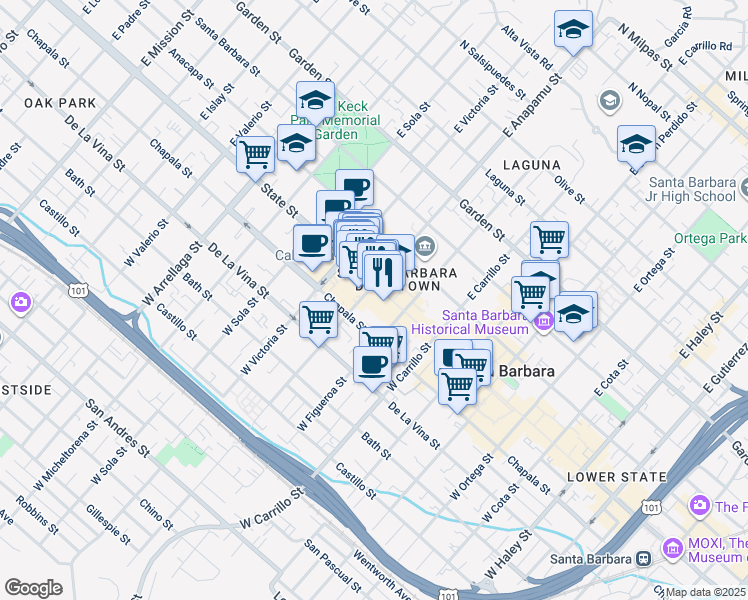 map of restaurants, bars, coffee shops, grocery stores, and more near 1208 State Street in Santa Barbara