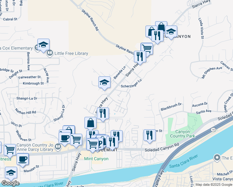 map of restaurants, bars, coffee shops, grocery stores, and more near 18000 Sierra Highway in Santa Clarita